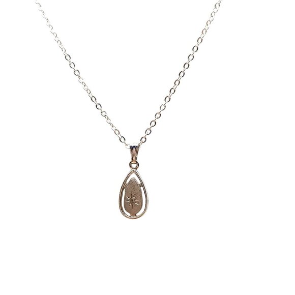 Sterling Silver Teardrop Pendant Necklace with Etched Starburst and Diamond Chip - Picture 1 of 5
